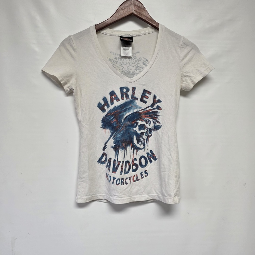 Vintage Womens Harley Davidson V Neck Shirt Eagle Skull White Small Daytona